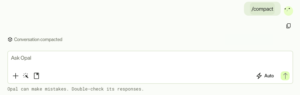 Screenshot of Opal Chat with the Conversation compacted marker displayed
