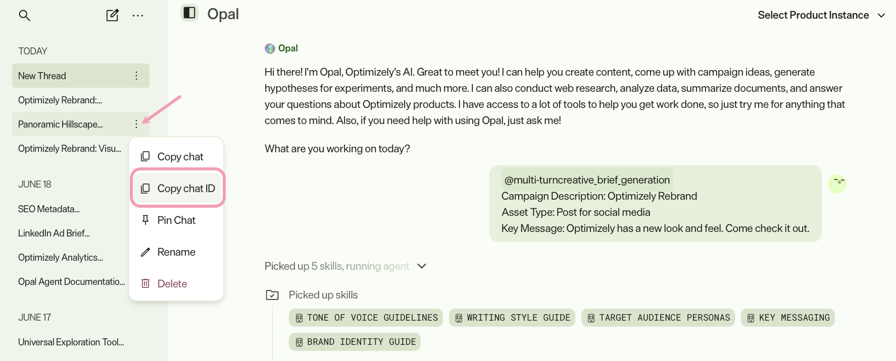 Screenshot of the chat thread options menu in Opal Chat with Copy thread ID highlighted