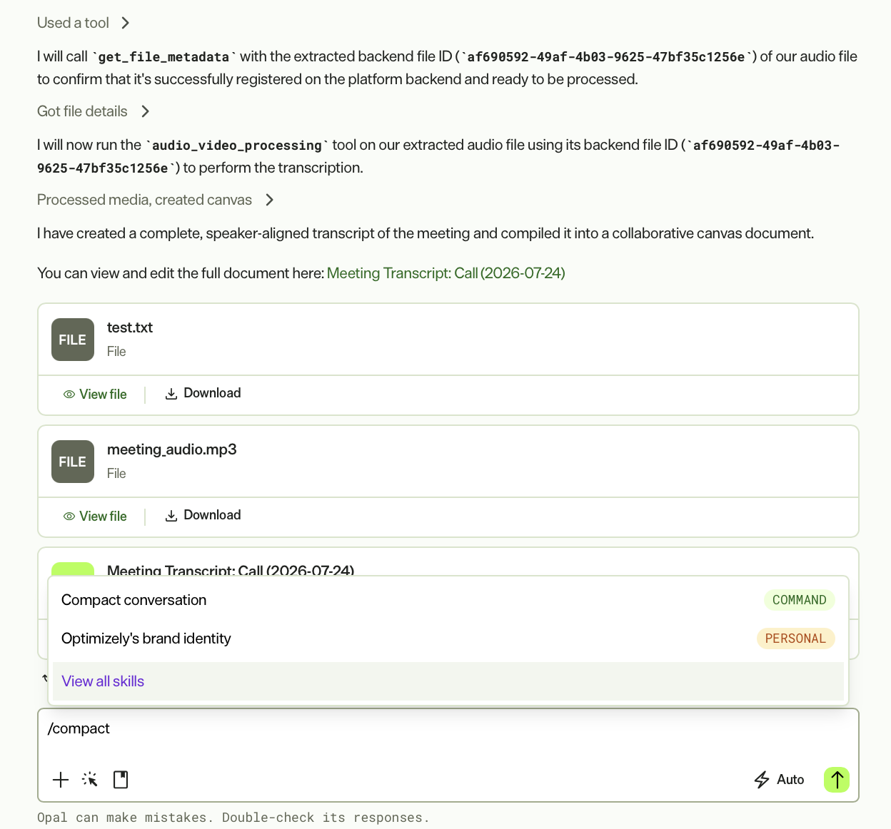 Screenshot of Opal Chat with the /compact command typed in.