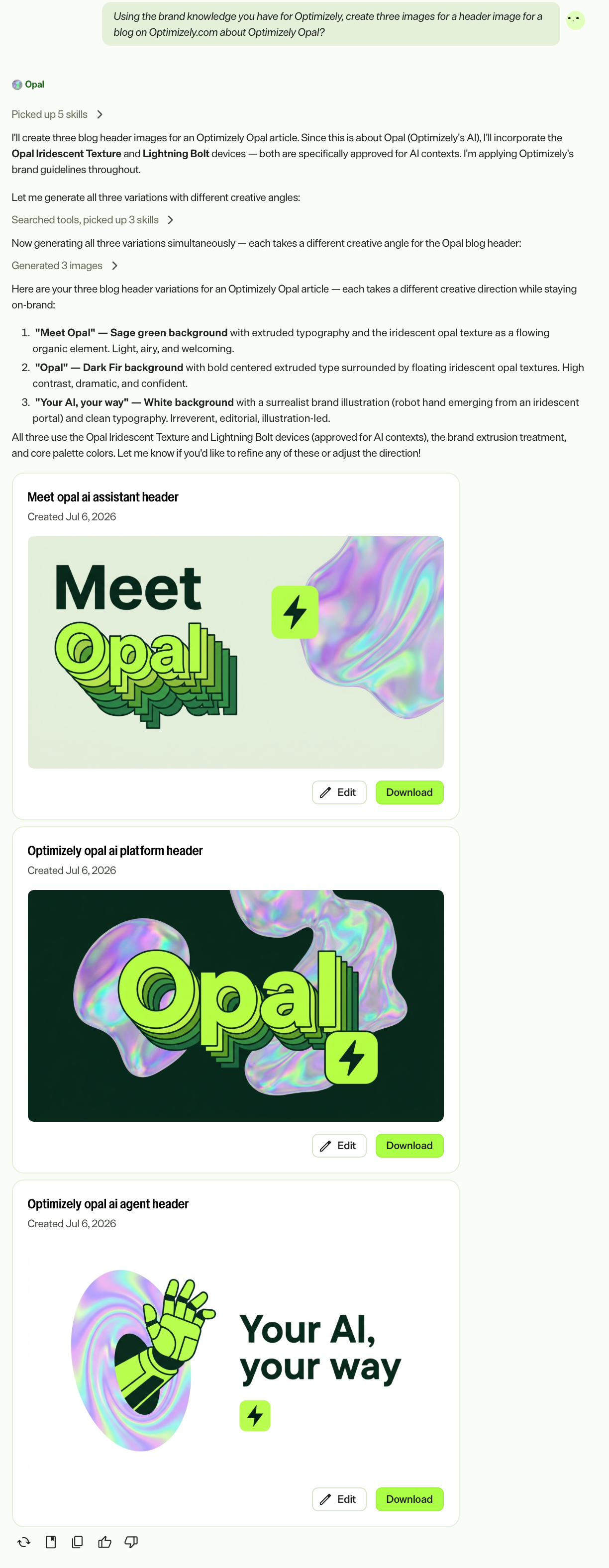 Screenshot of Opal Chat showing generated image variations in response to an image prompt.