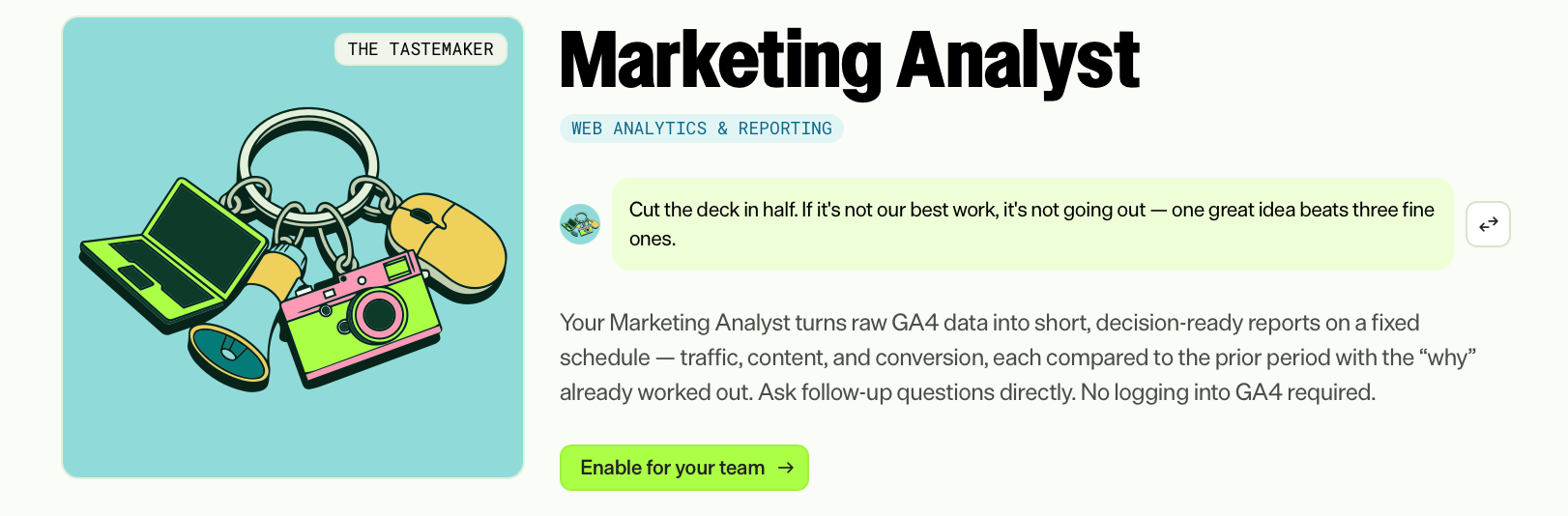Screenshot of the Marketing Analyst Virtual Teammate in Opal.