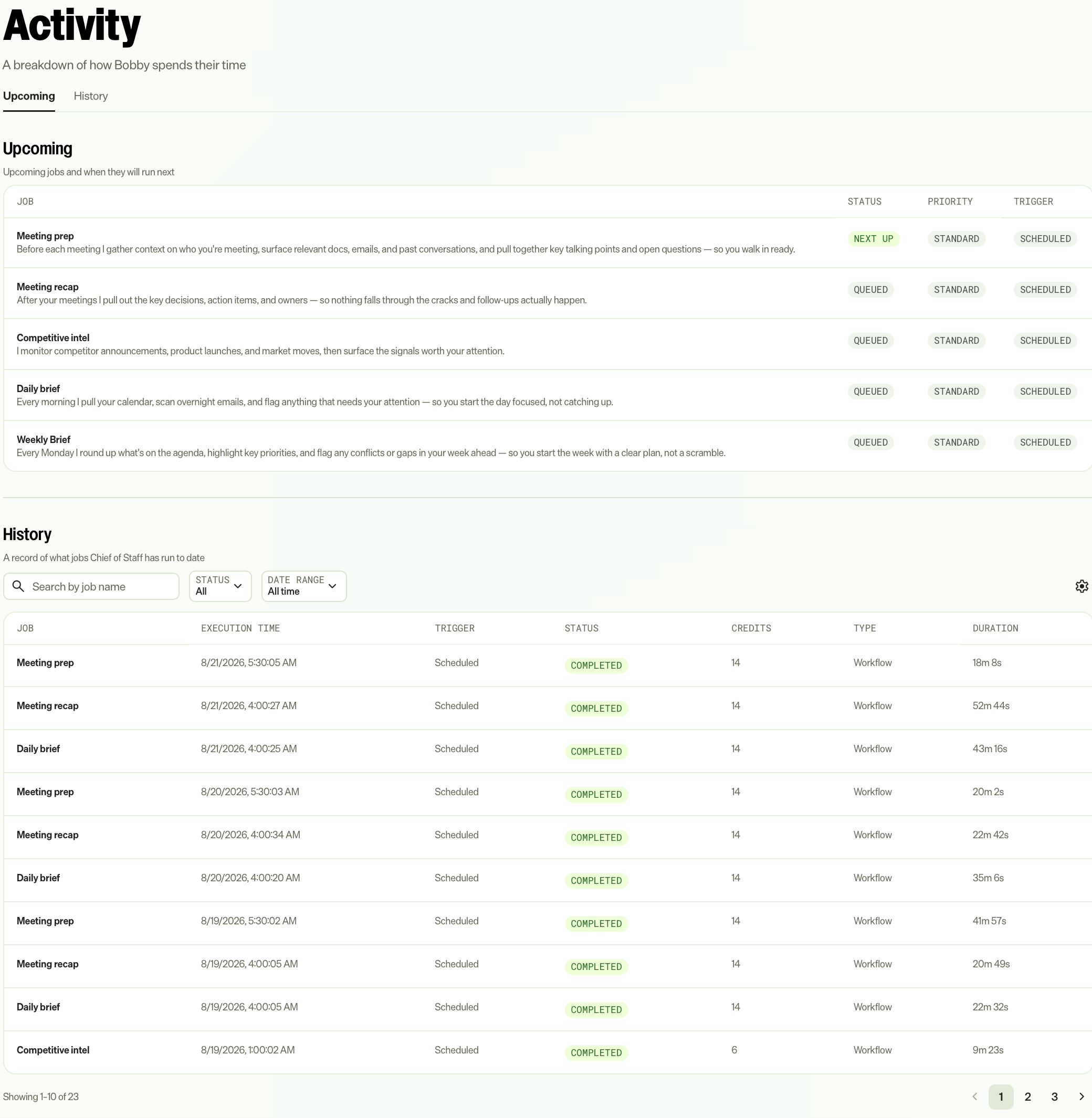screenshot of the Activity page showing upcoming jobs and their run history
