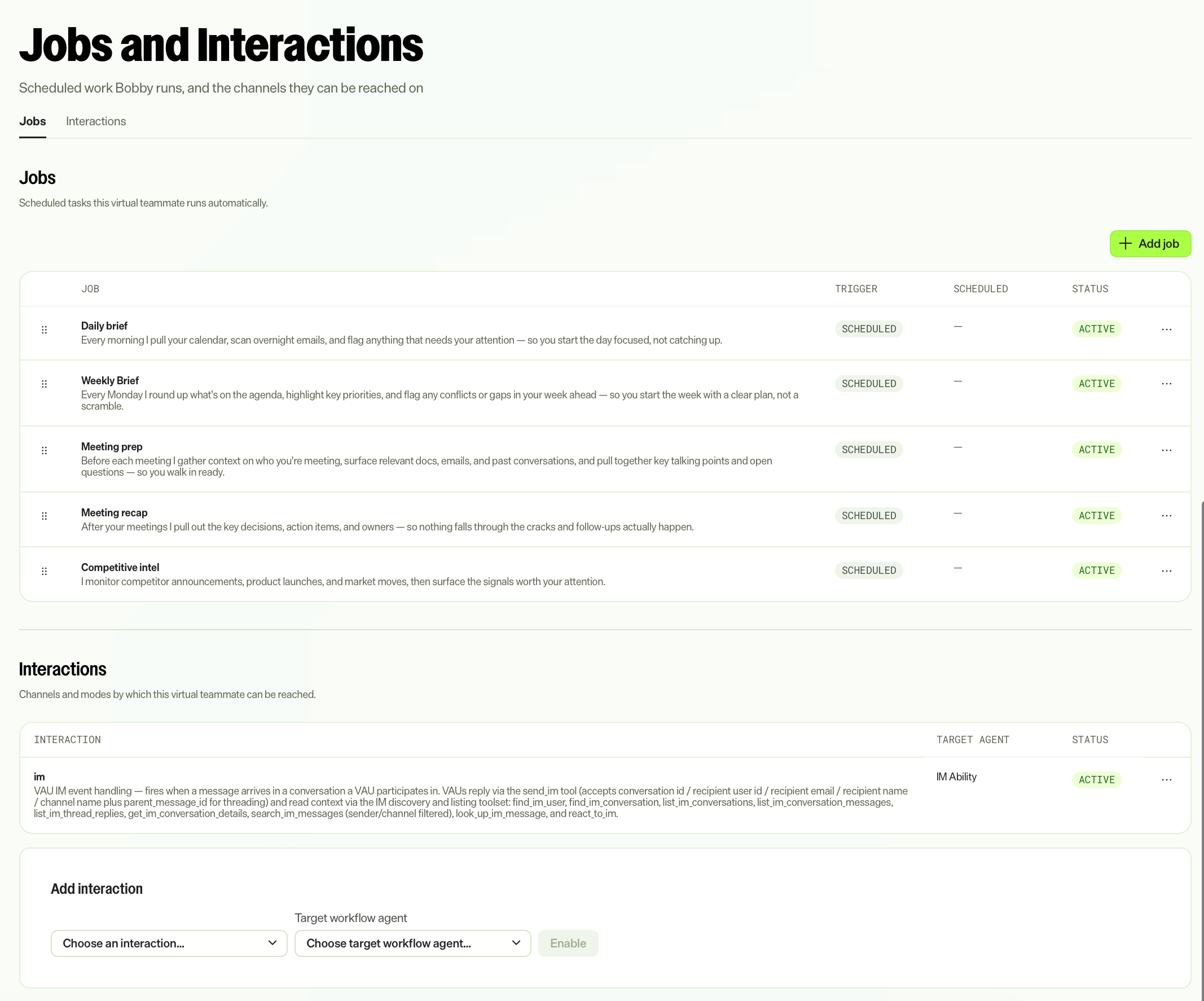 screenshot of the Jobs and Interactions page showing scheduled jobs and interaction channels