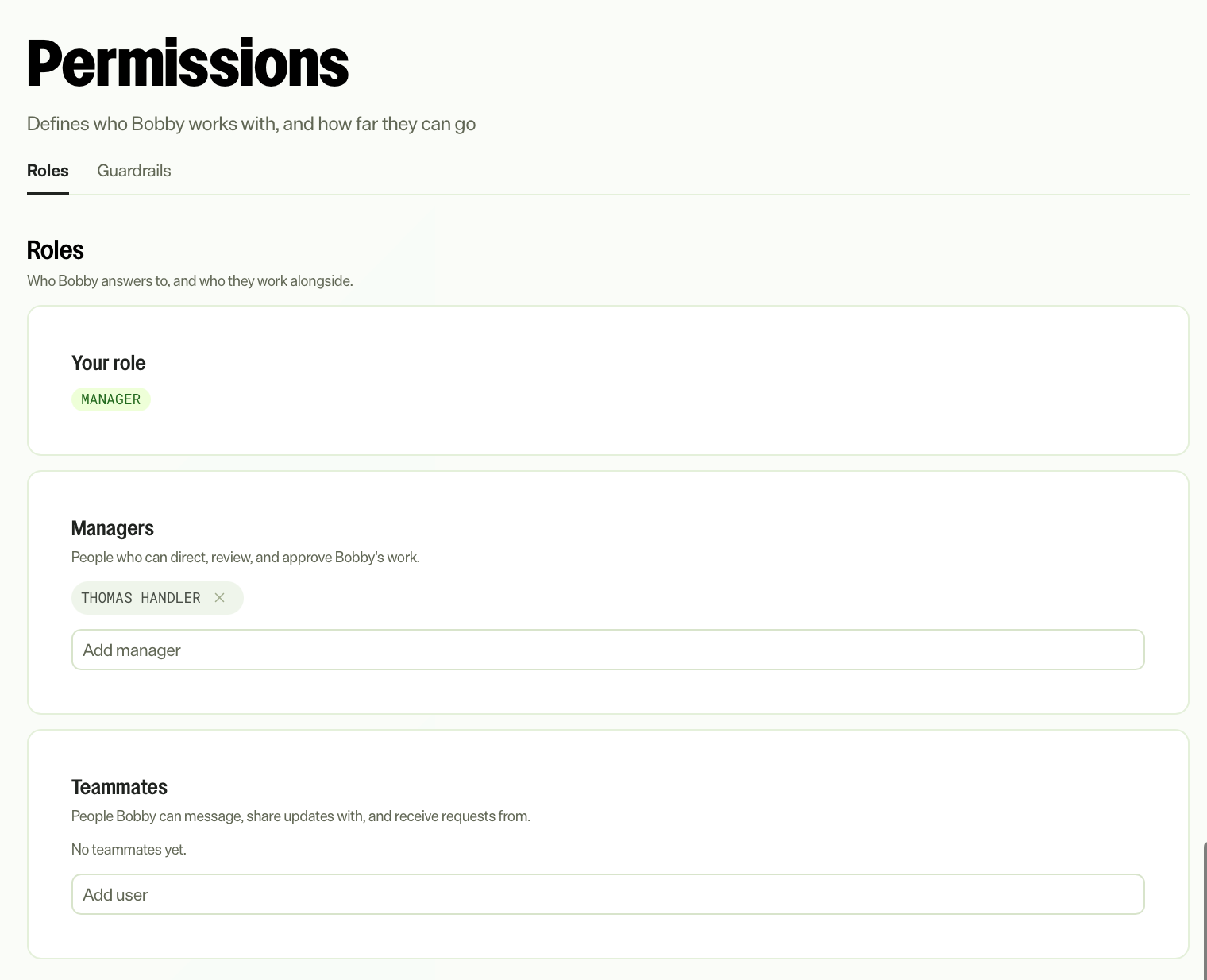 screenshot of the Roles tab showing the teammate's managers and teammates
