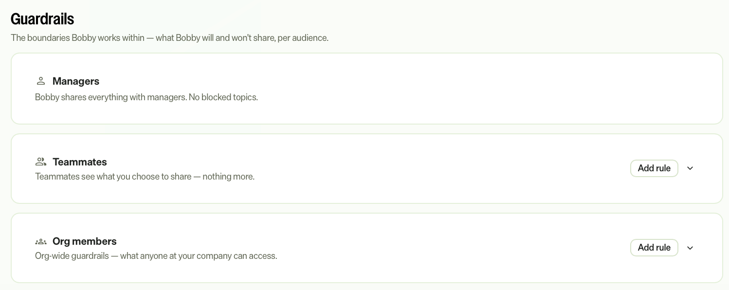screenshot of the Guardrails tab showing sharing boundaries for each audience