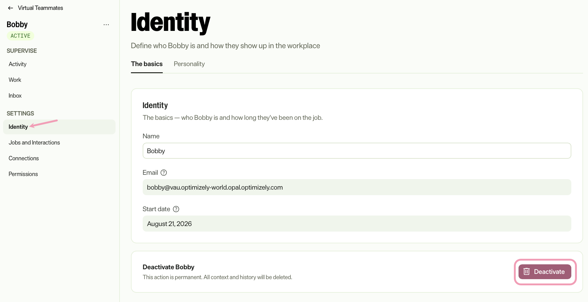 screenshot of the Identity settings where Deactivate is highlighted