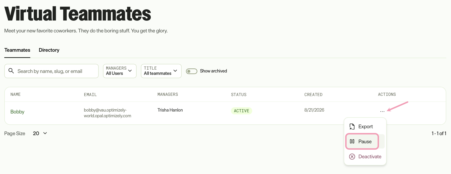Screenshot of the Virtual Teammates with More selected and Pause highlighted.