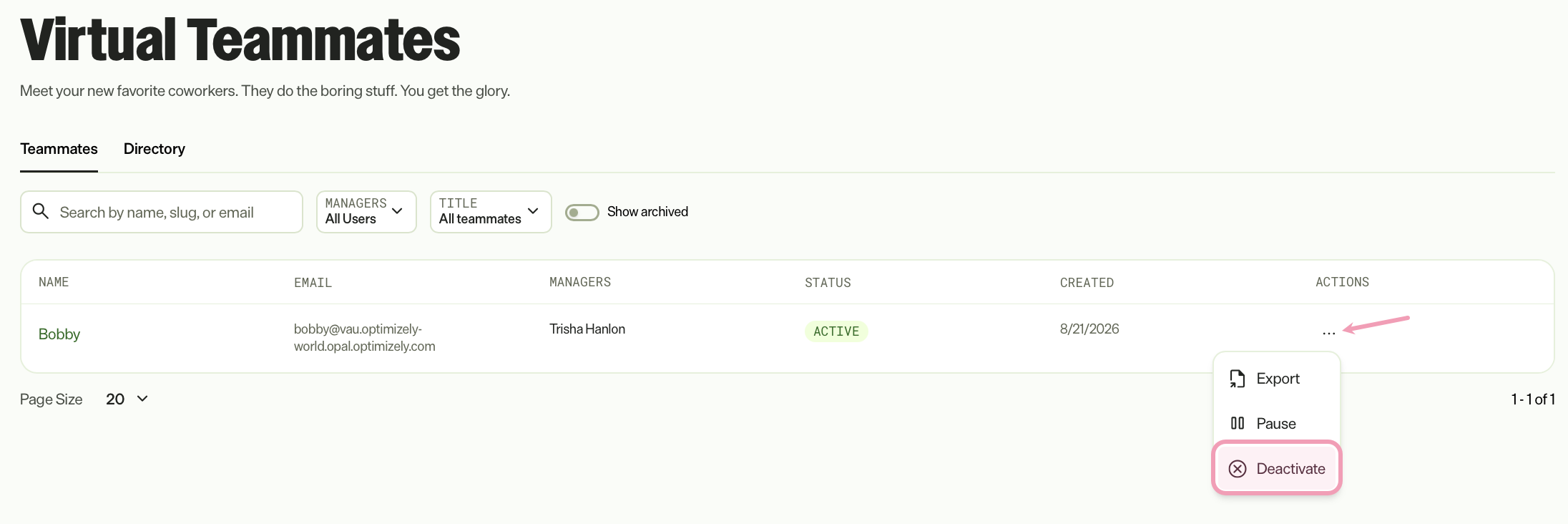 Screenshot of Virtual Teammates with More options selected and Deactivate highlighted.