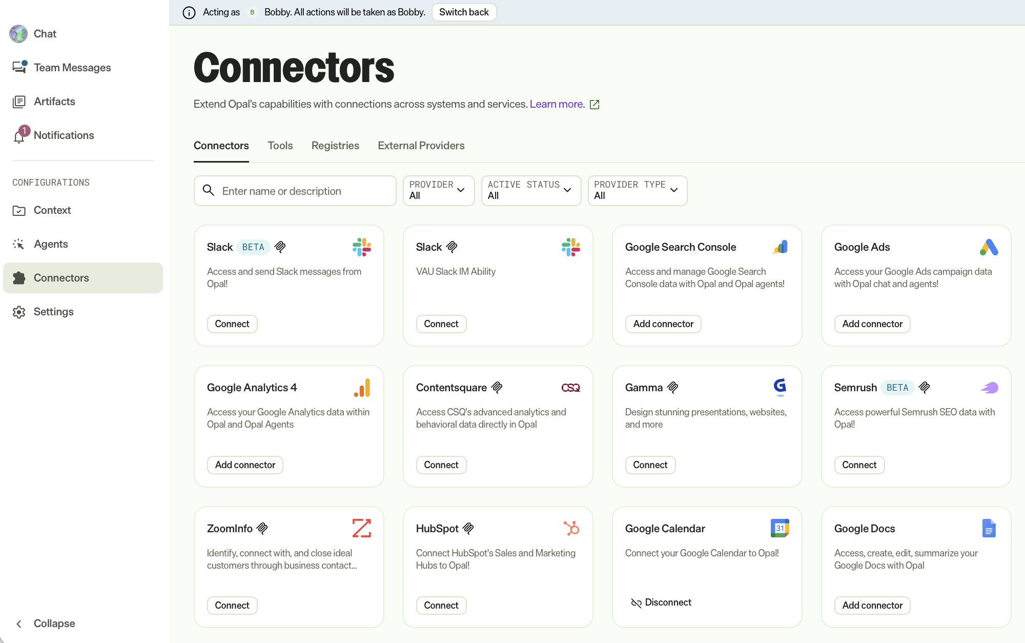screenshot of the Connectors page showing tool connectors such as Google Analytics 4 and HubSpot