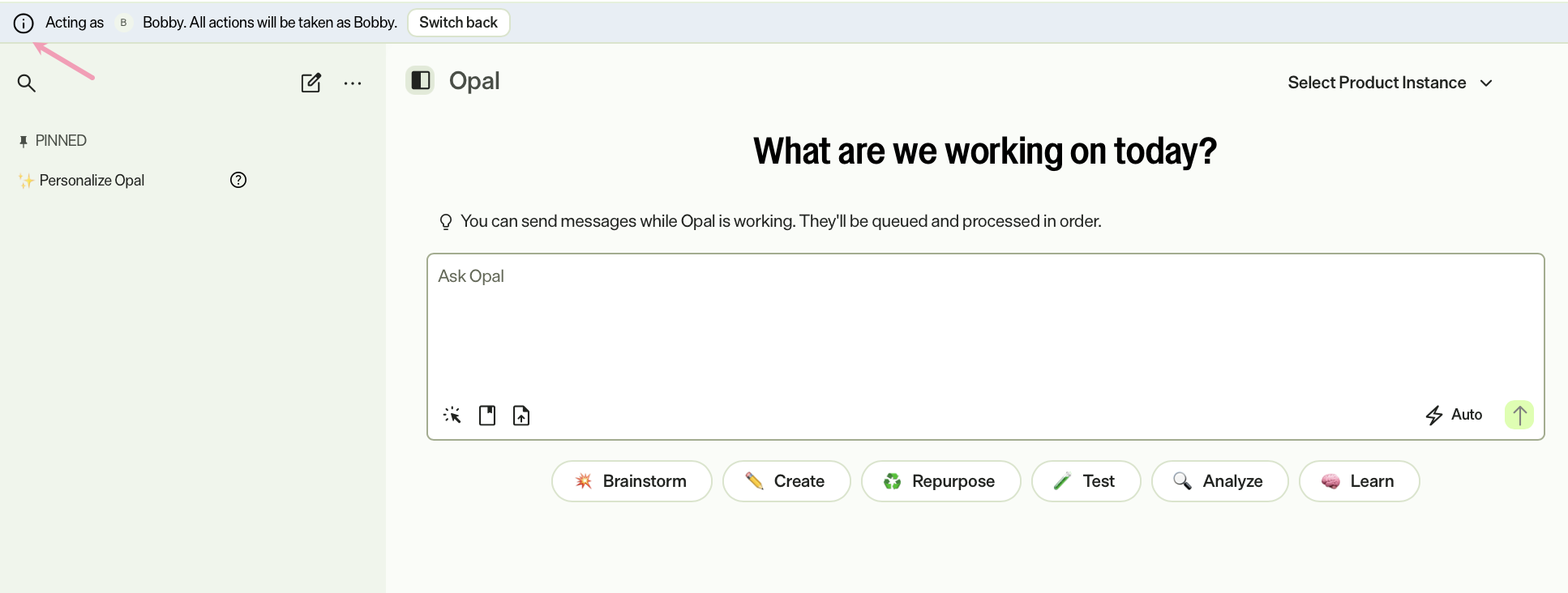 Screenshot of Opal Chat with the Acting as banner displaying what identity you are using.