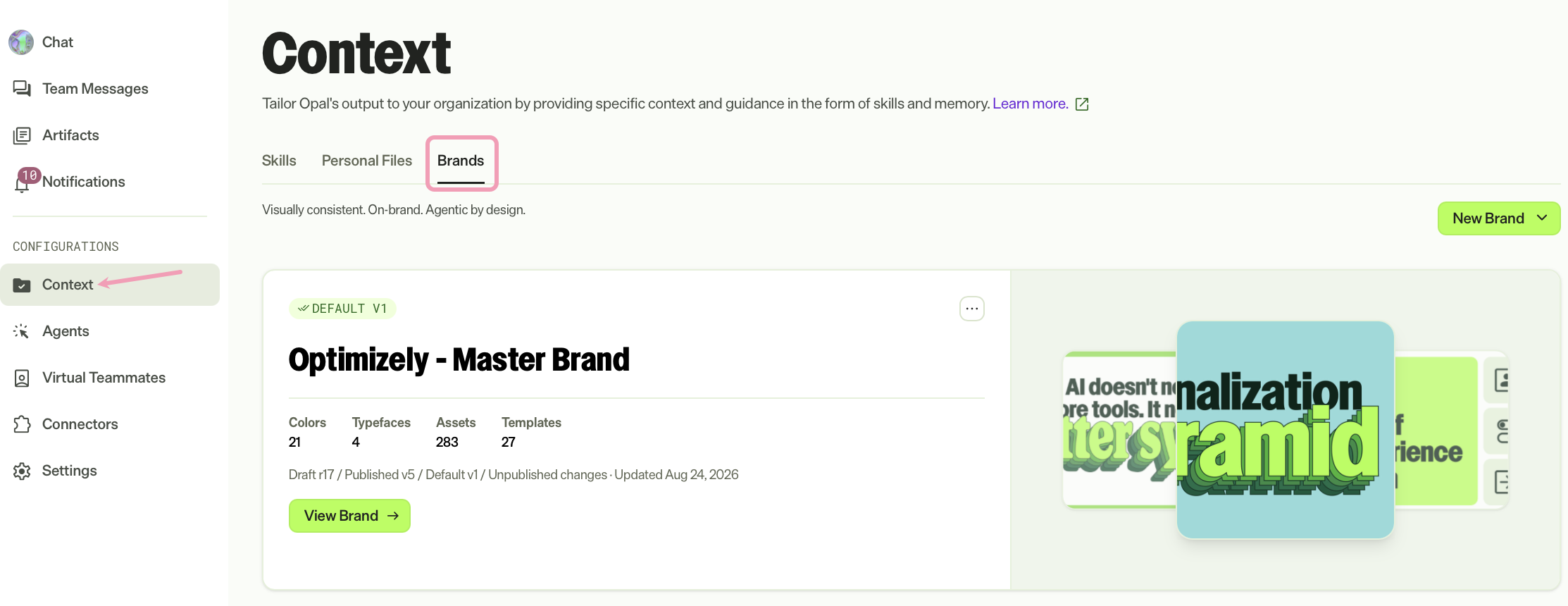 Screenshot of Opal with the Context > Brand tab selected.