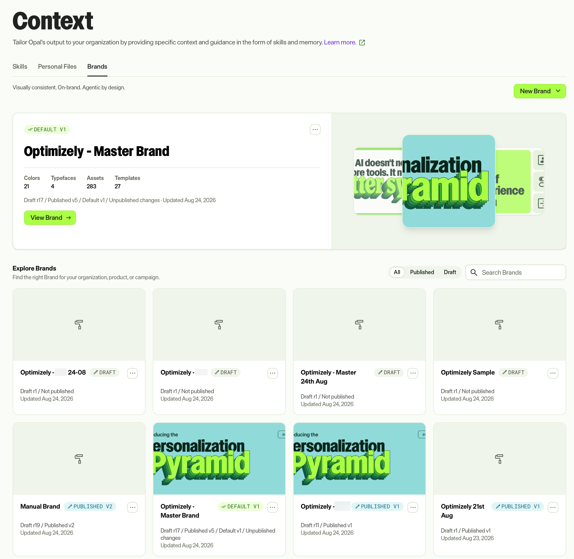 Screenshot of the Opal Context page Brands tab showing the brand library where each brand is a card