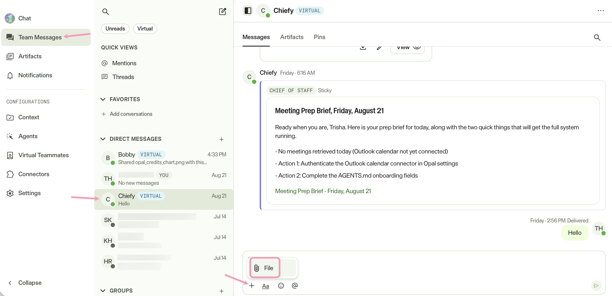 screenshot of the Team Messages message field where Attach and File are selected