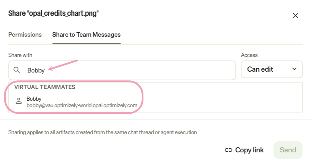 creenshot of the Share to Team Messages tab where a recipient name is entered