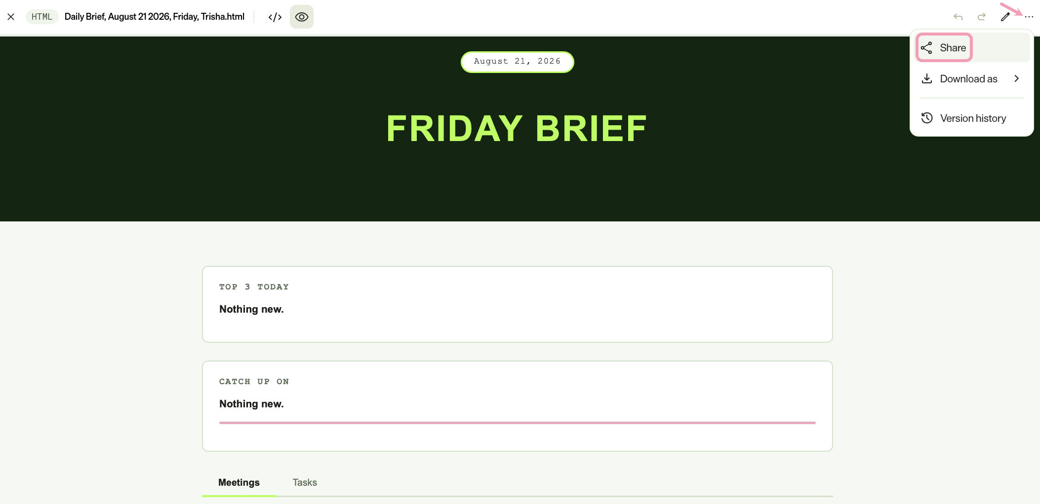 screenshot of the artifact details page where More and Share are selected