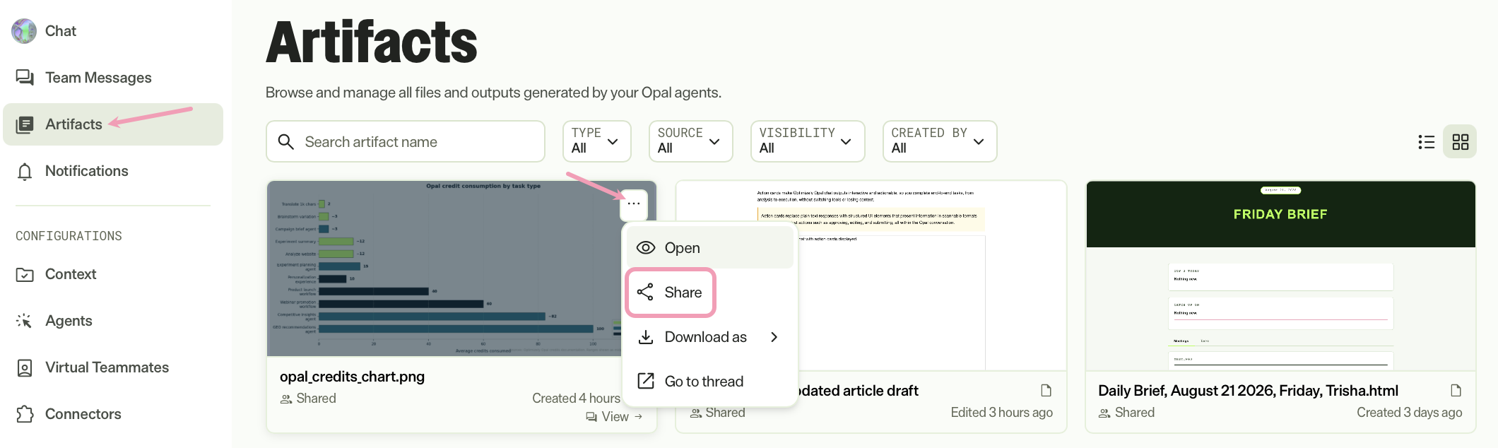screenshot of the Artifacts page where More and Share are selected for an artifact
