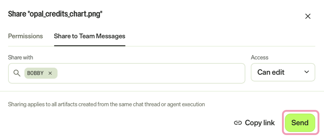 screenshot of the Share to Team Messages tab where Send is highlighted