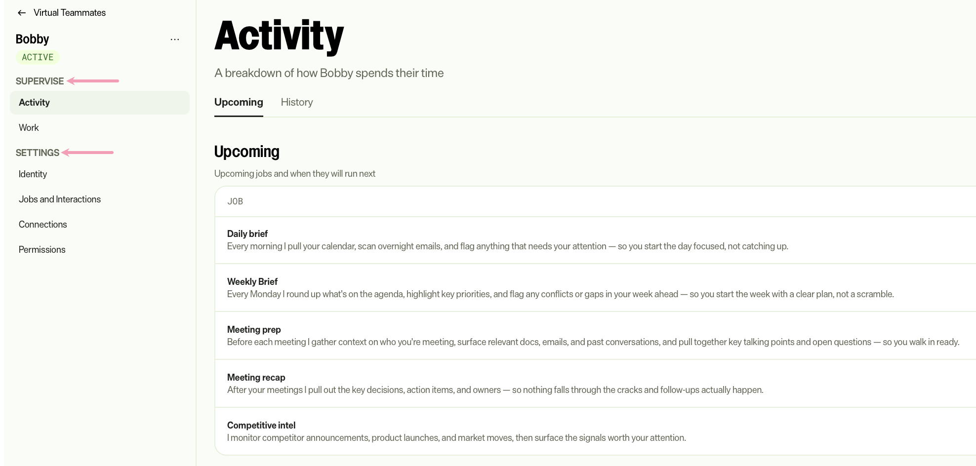 screenshot of a Virtual Teammate page where the Supervise and Settings areas are shown