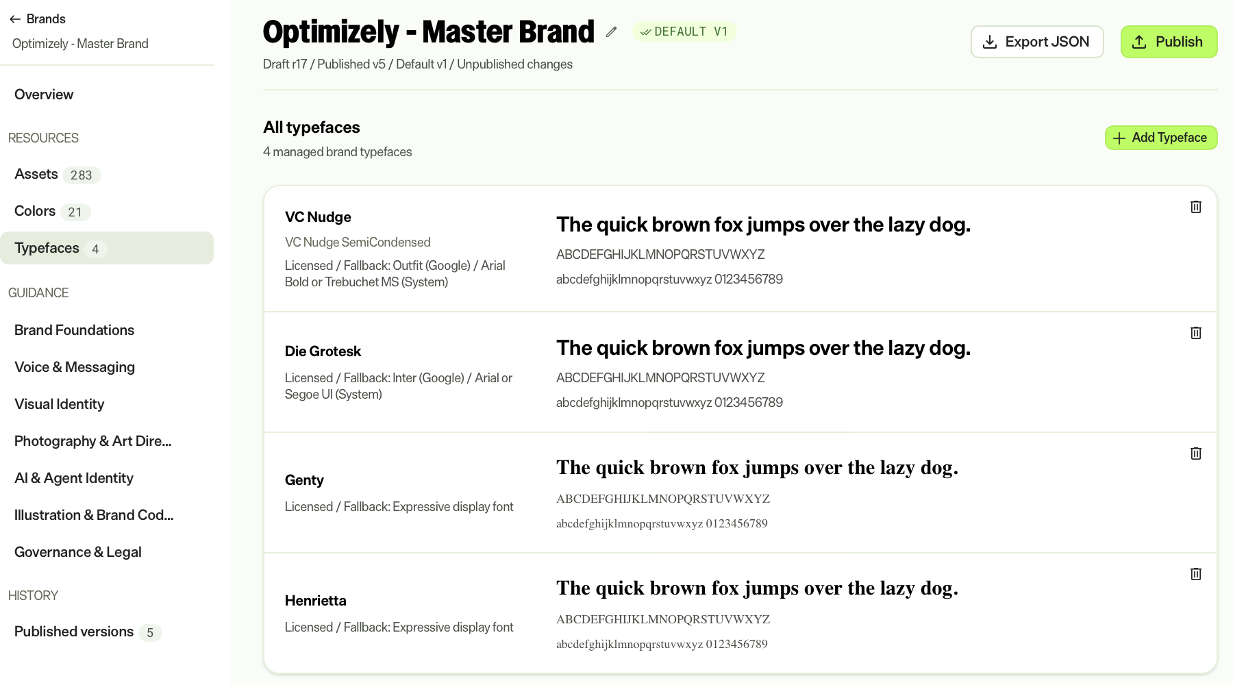 Screenshot of the Typefaces page showing brand typefaces with fallback fonts and specimen previews