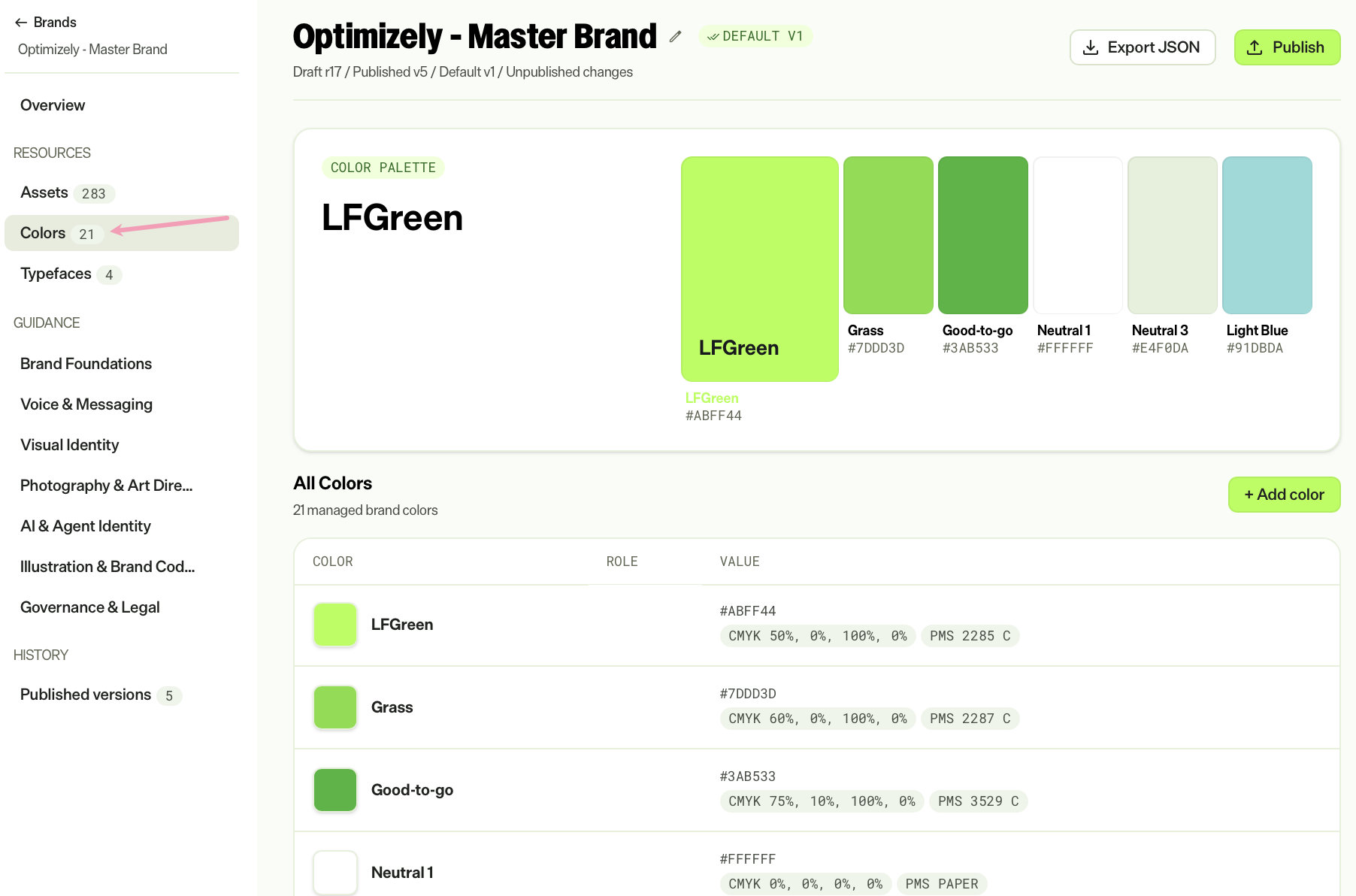 Screenshot of the Colors page displaying the brand palette and a table of managed colors with role and values