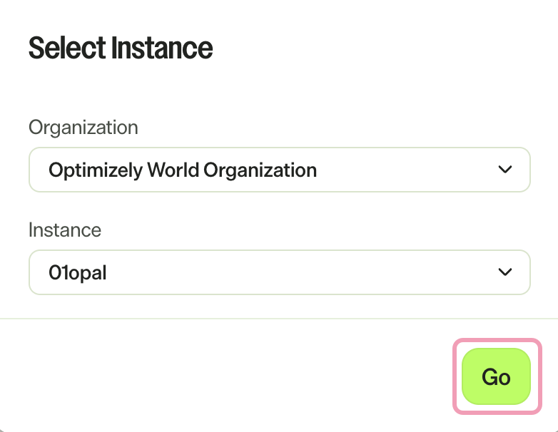 screenshot of the Organization and Instance drop-down lists where a product instance is selected