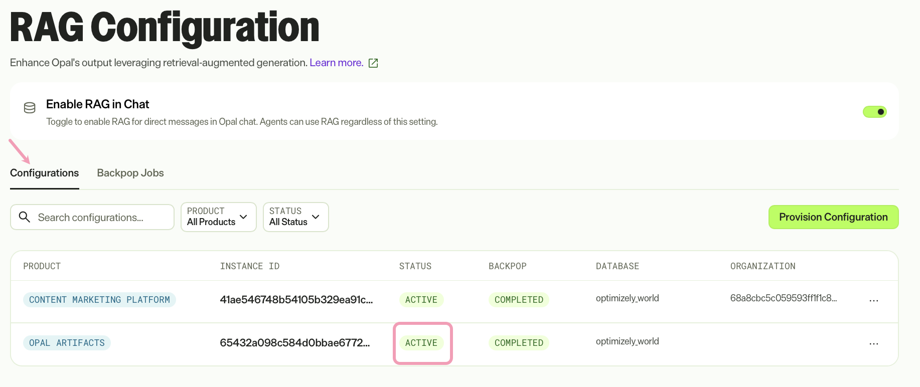Screenshot of the RAG Configuration page where the Opal Artifacts instance shows Active status on the Configurations tab