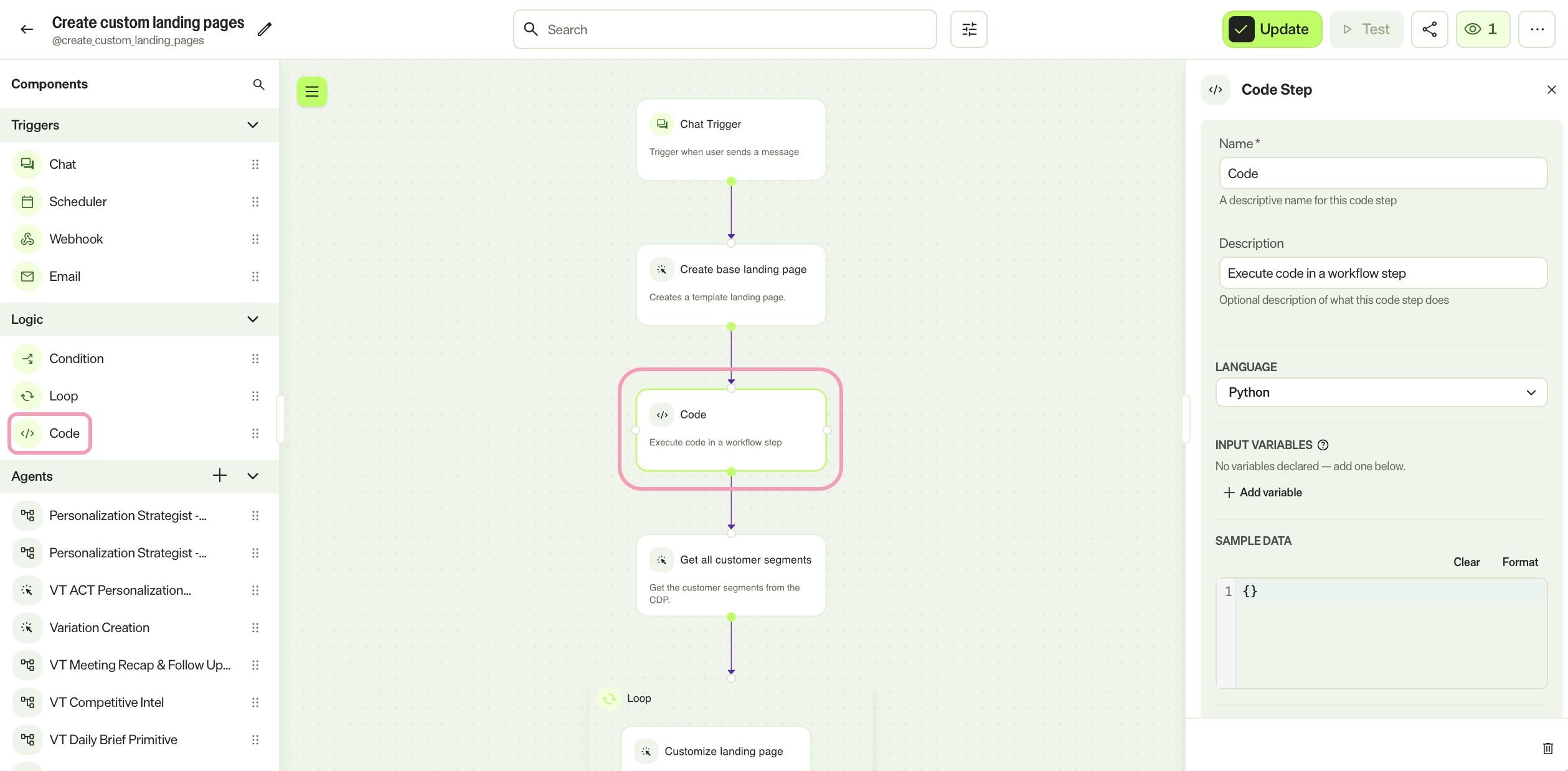Screenshot of the workflow agent builder where a Code Step node sits between two specialized agent steps on the canvas