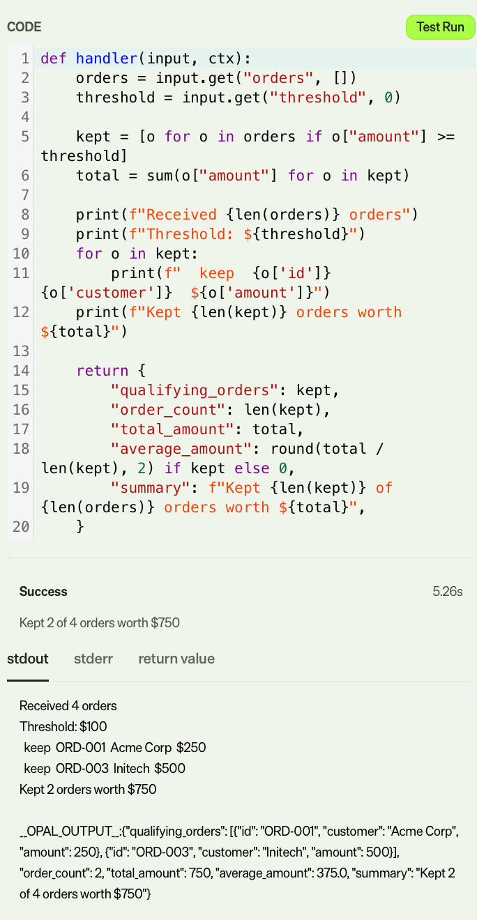 Screenshot of the Code Step configuration panel where the Test Run results panel displays a Success status and the return value tab