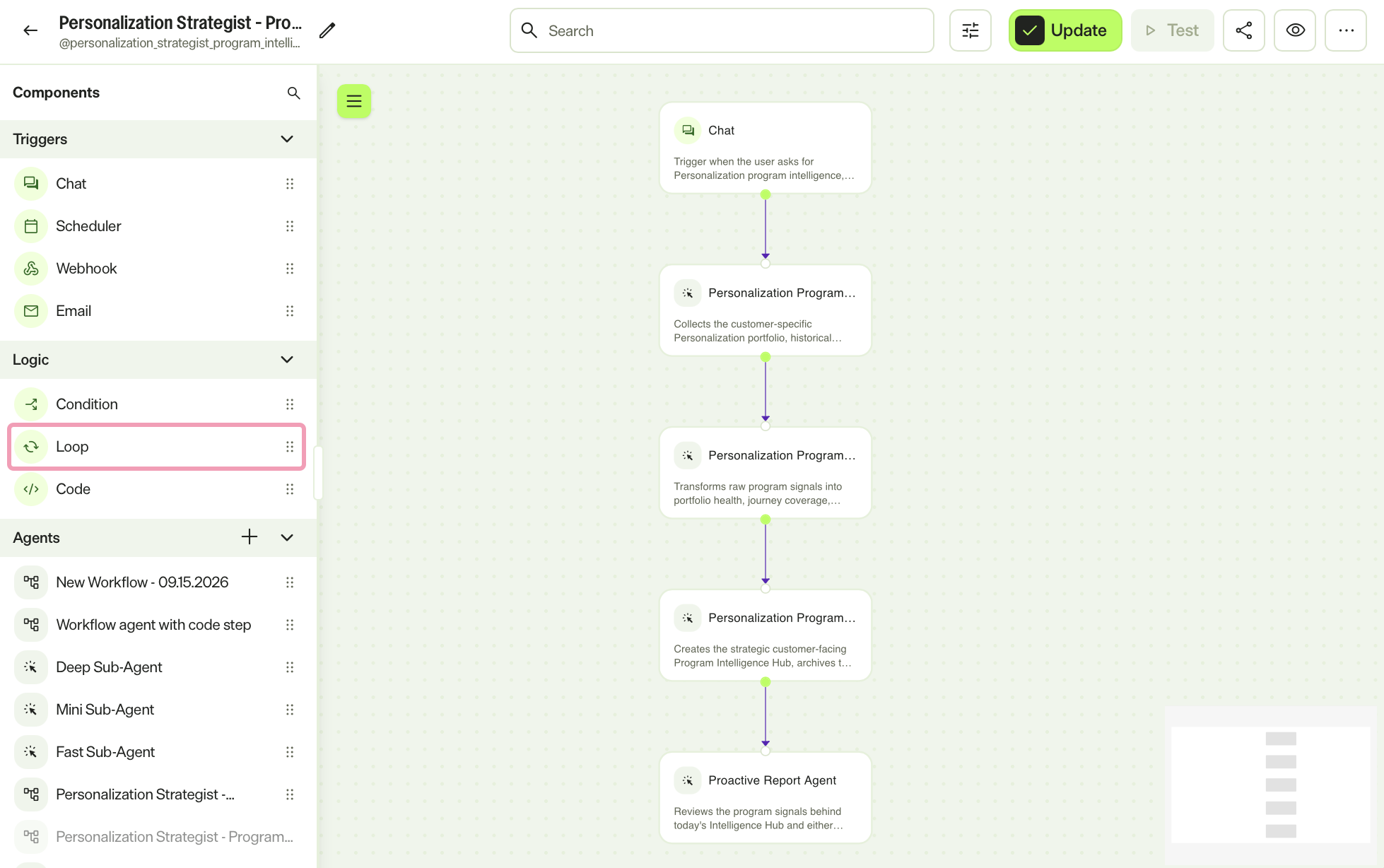 Screenshot of a workflow agent in the builder where the Loop logic item is highlighted.