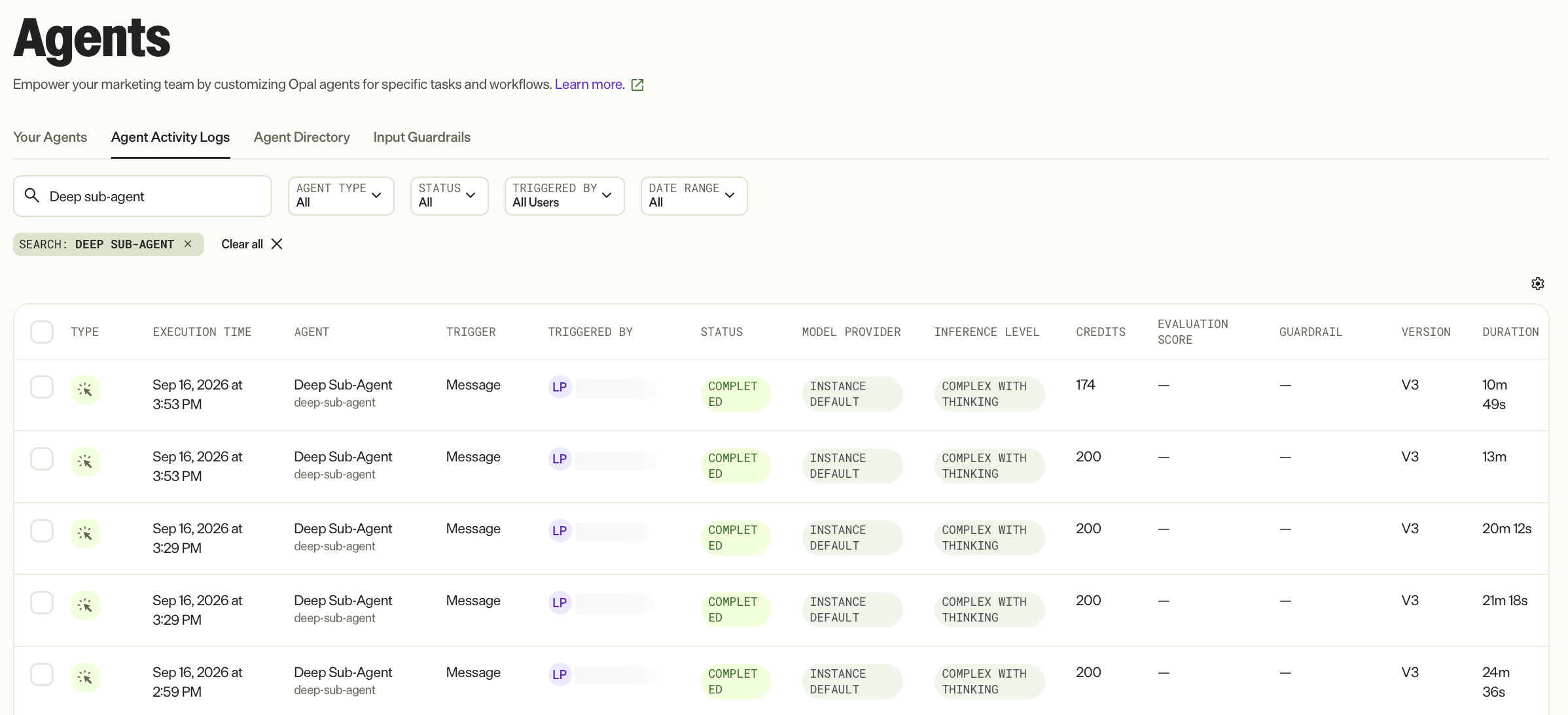 screenshot of the Agent Activity Logs tab filtered to sub-agent rows where two Deep Sub-Agent executions share one execution time, showing what parallel fan-out looks like in the log