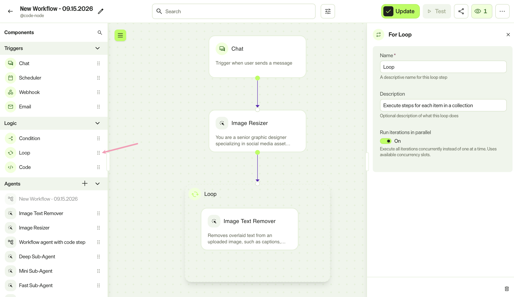 creenshot of the workflow agent builder where a specialized agent step sits inside the body of a loop.