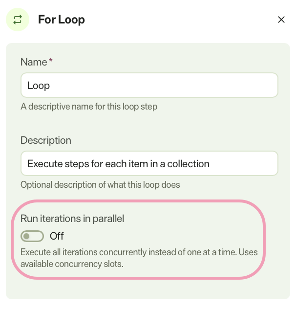 Screenshot of the For Loop configuration with Run iterations in parallel highlighted.