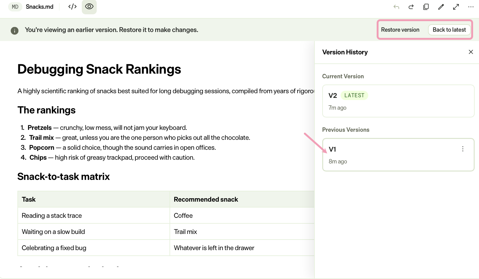 Screenshot of the version history panel in Opal, showing a banner that indicates an earlier version is being viewed.