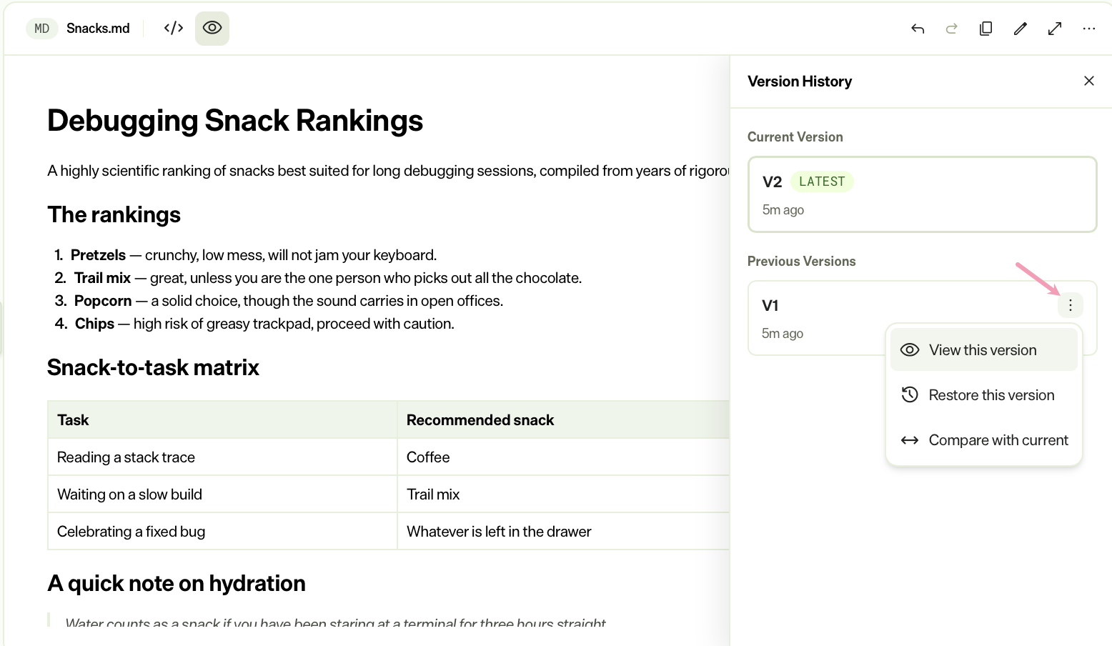 Screenshot of the version history panel in Opal, showing More selected for a version.
