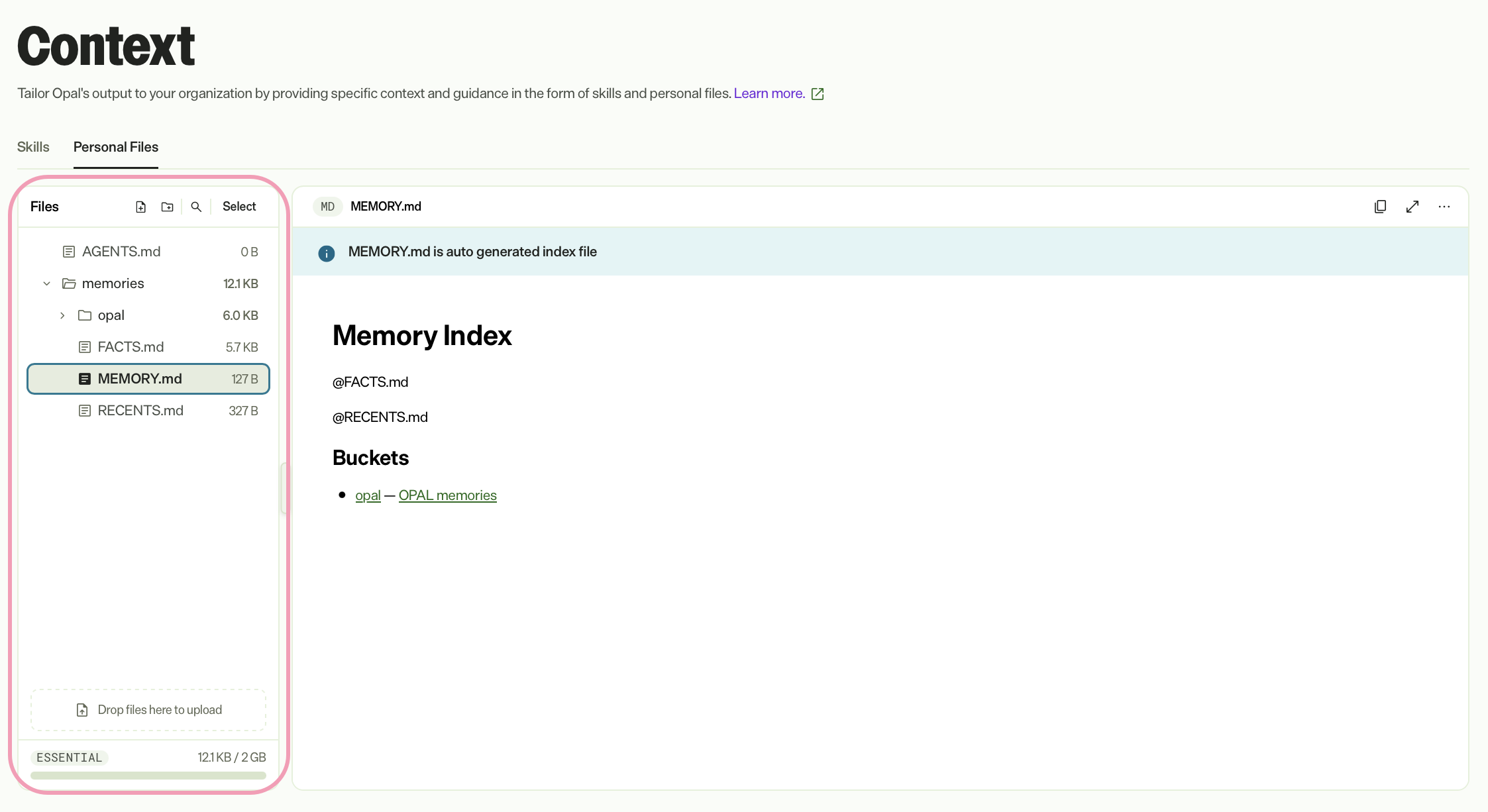 Screenshot of the Files panel toolbar in Opal, where New file, New folder, Search files, and Select are available.