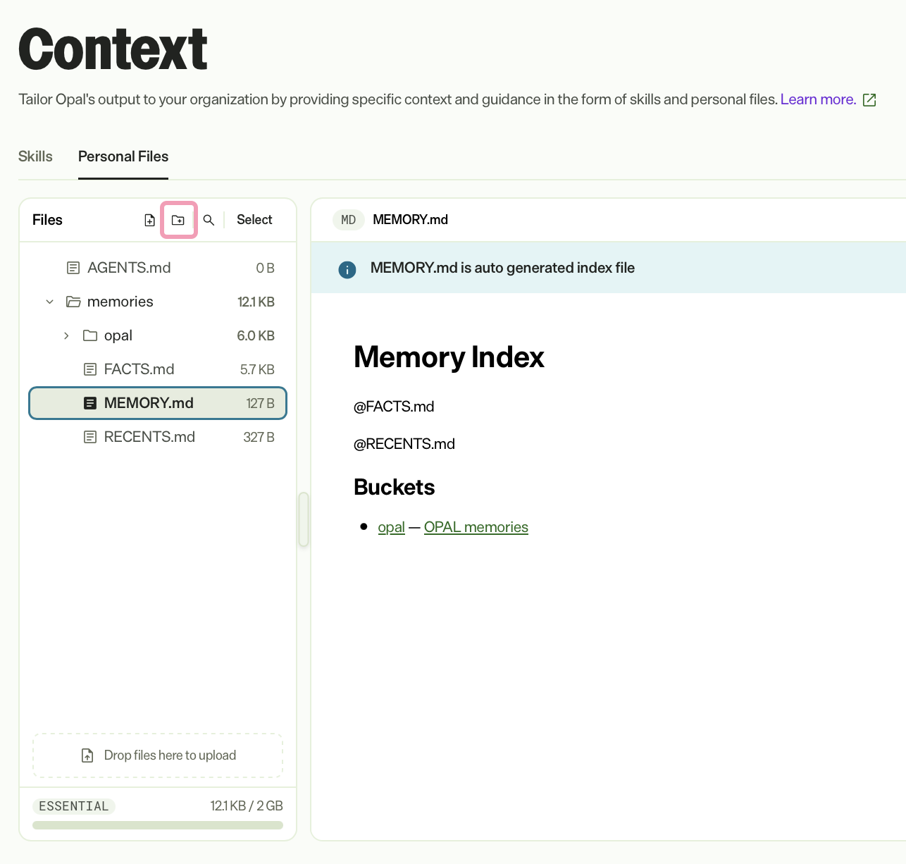Screenshot of the Files panel in Opal, where New folder is selected in the toolbar.