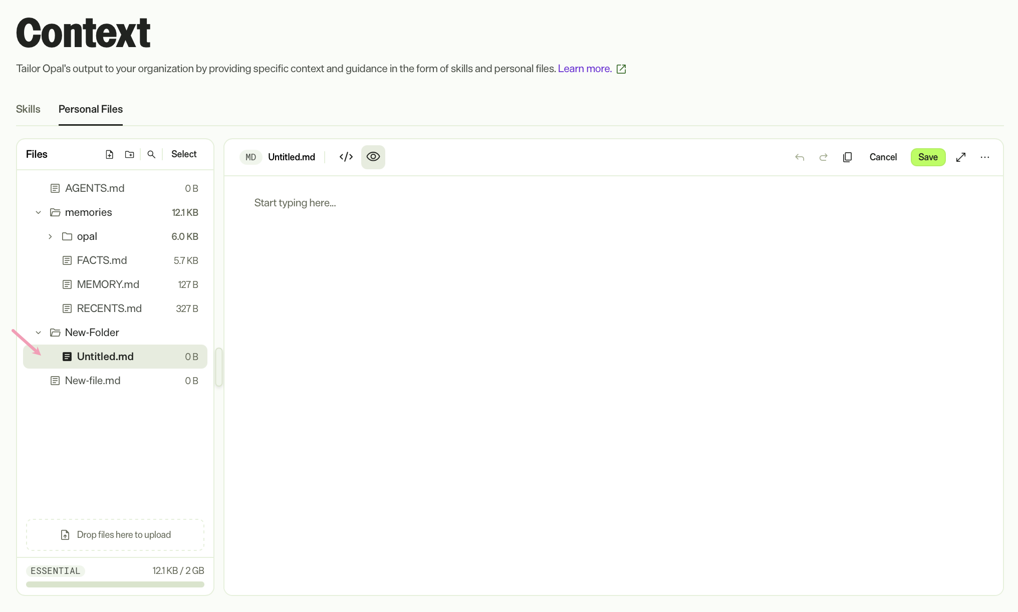 Screenshot of the file tree in Opal, showing a folder expanded to display Untitled.md.