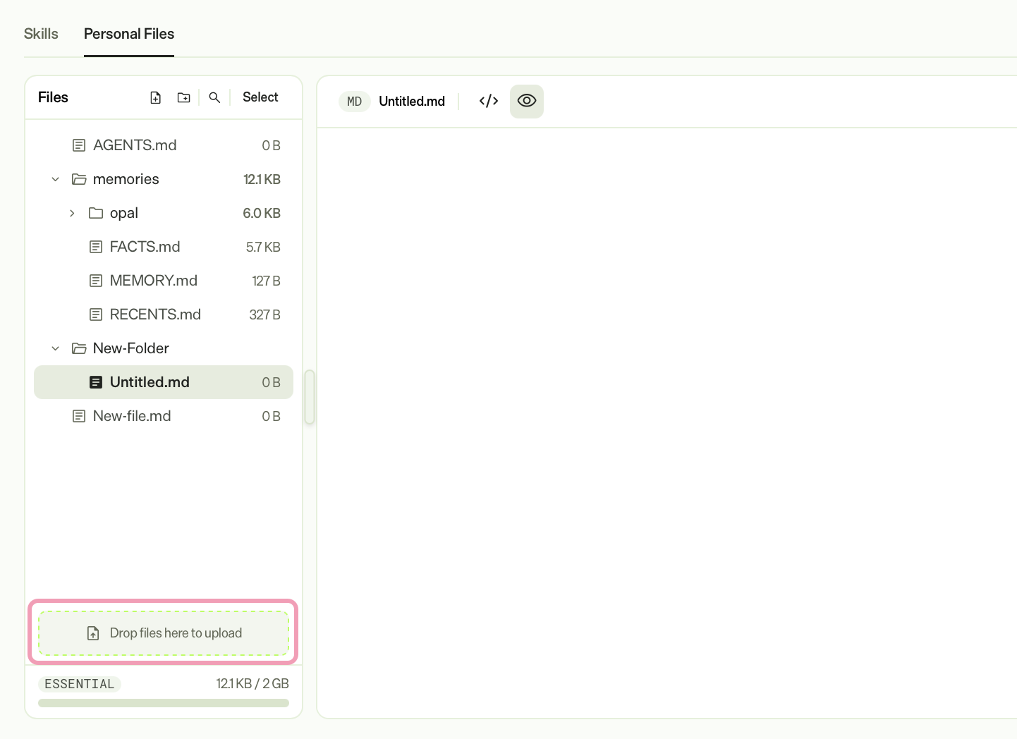Screenshot of the Files panel in Opal, showing the drop zone labeled Drop files here to upload.