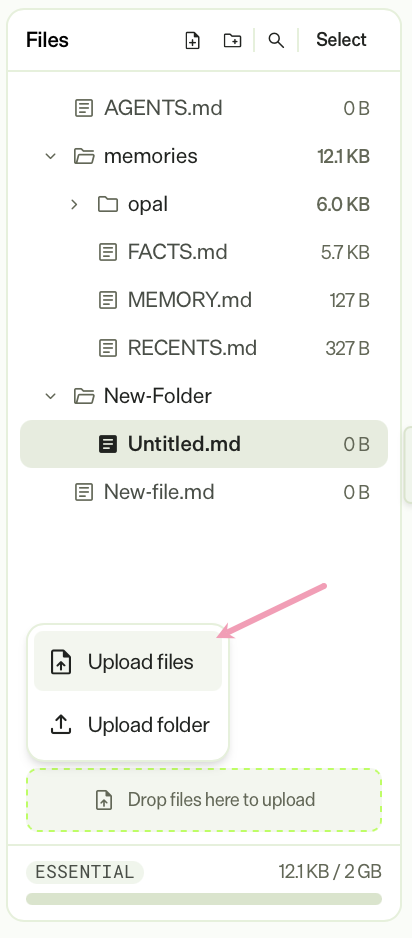 Screenshot of the upload menu in Opal, showing Upload files and Upload folder options.