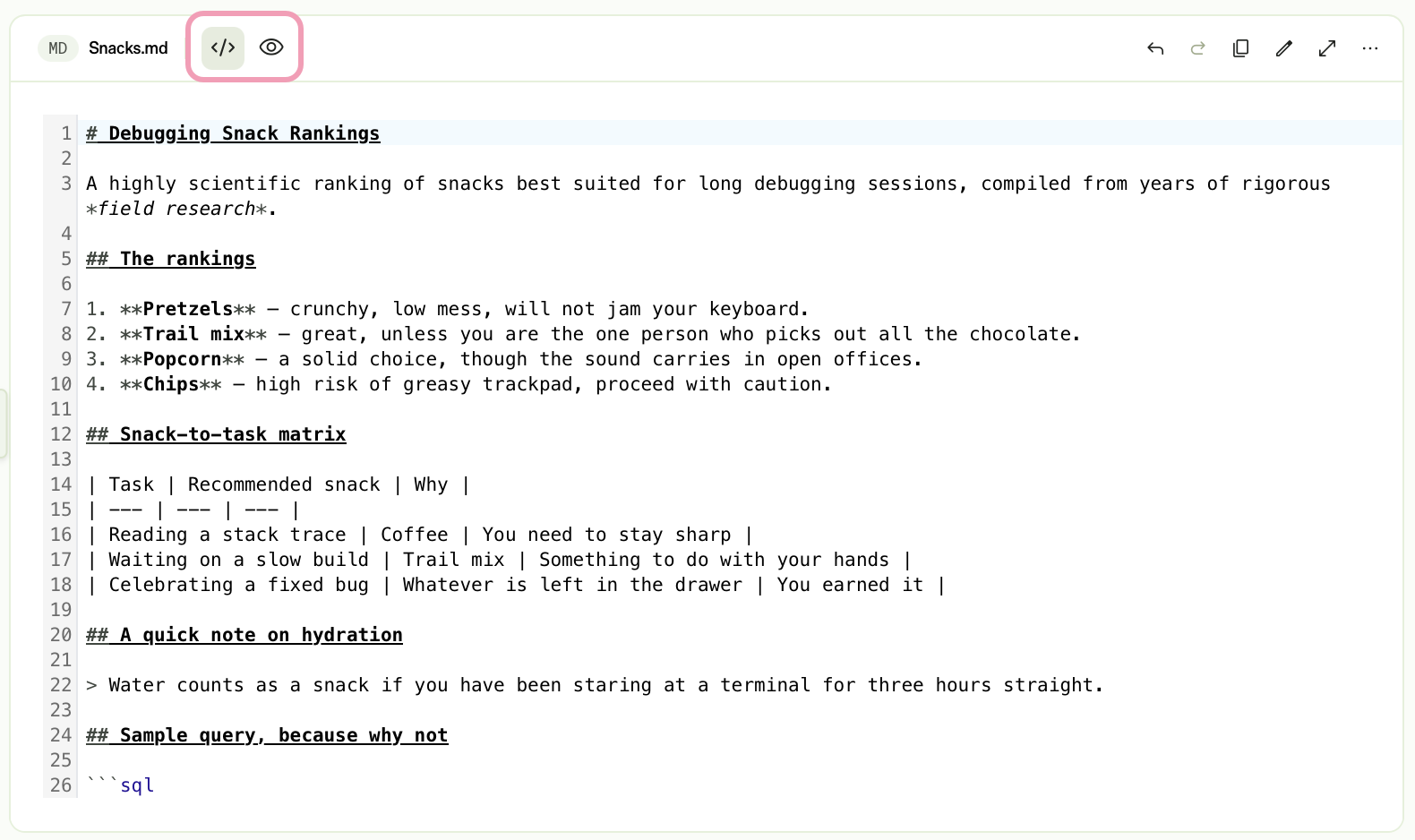 Screenshot of the file editor in Opal, showing the source and preview tabs.