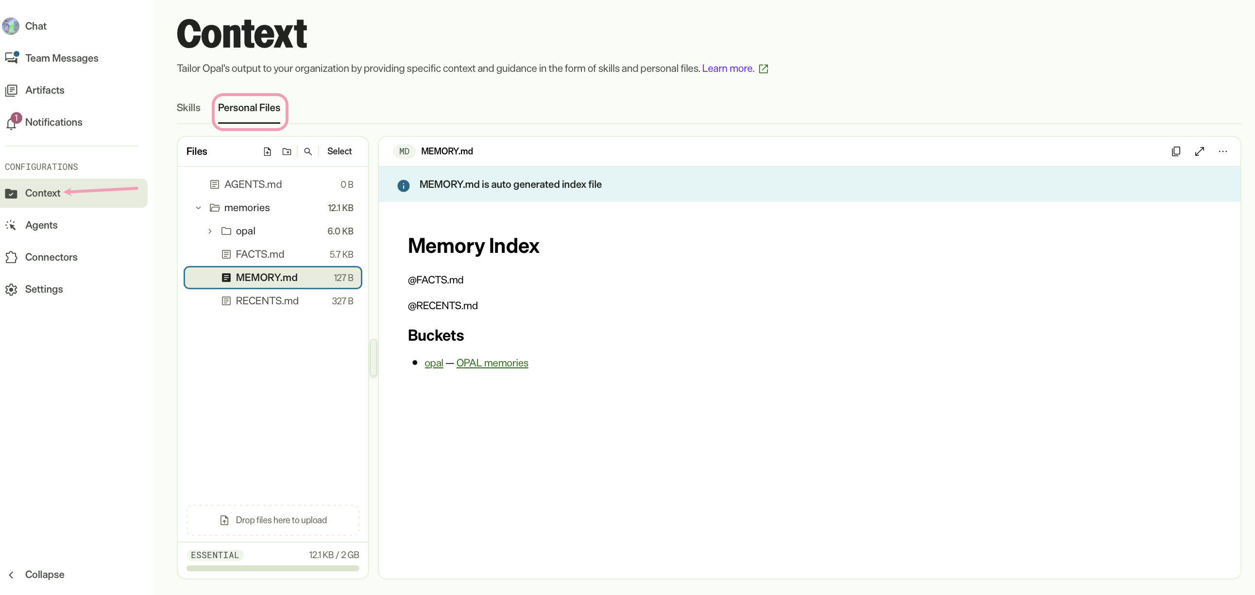 Screenshot of Opal with Context > Personal Files displayed, where memory files appear alongside other personal files.