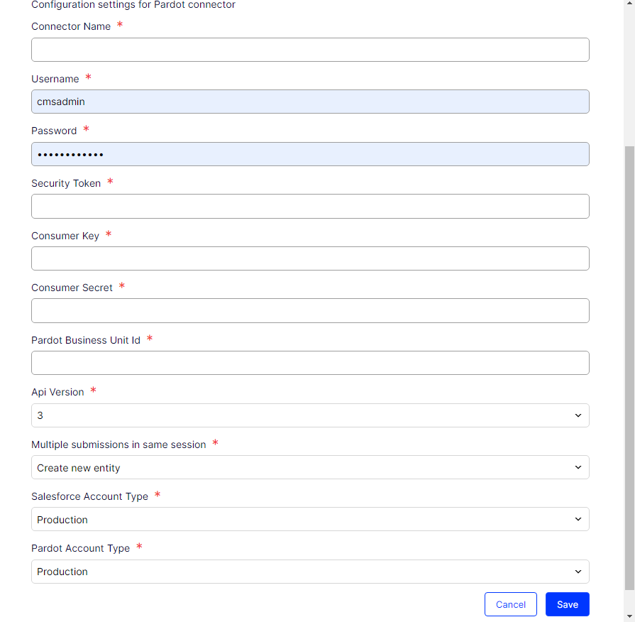 Pardot configuration settings screen