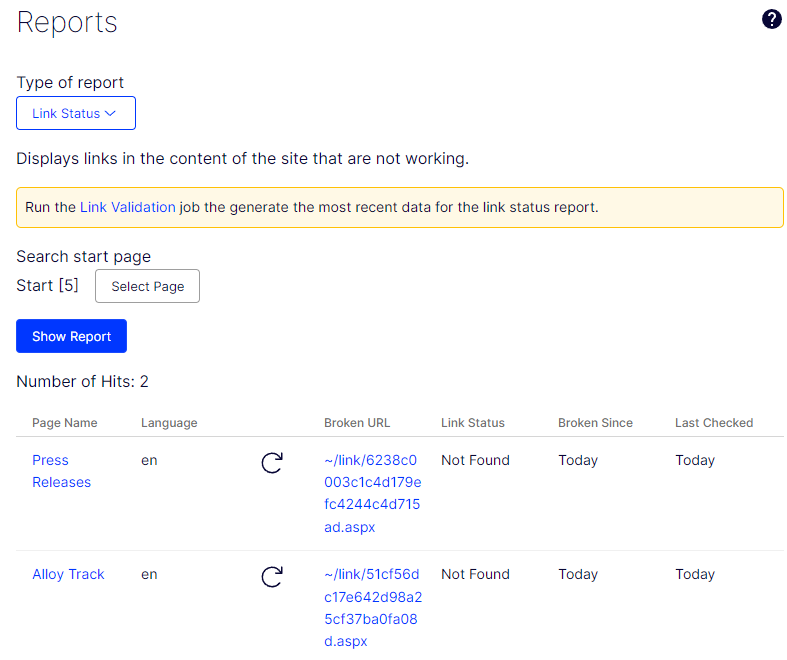 CMS 12 reports link status